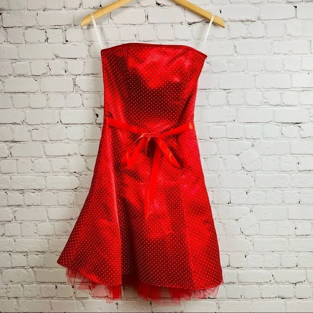 VTG 90s Gunne Sax Jessica McClintock Red Polka Dot Tulle Mini Dress